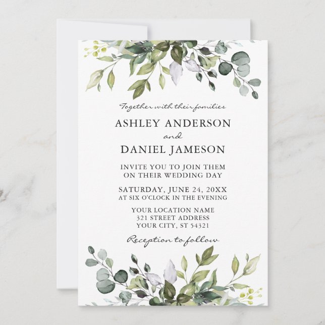 Elegant Watercolor Botanical Greenery Wedding Invitation (Front)