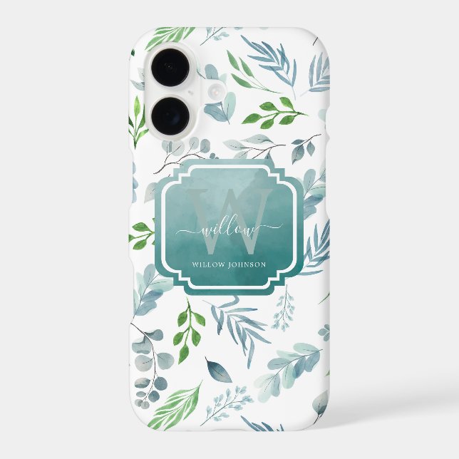 Elegant Watercolor Botanical Leaves Monogram iPhone Case (Back)