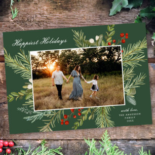 Elegant Watercolor Botanical One Photo Christmas  Holiday Card