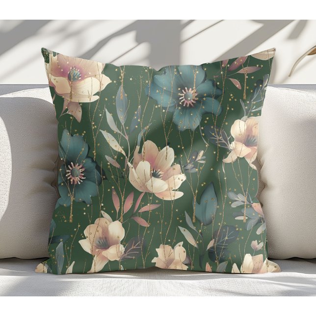 Elegant Watercolor Botanical Pattern Dark Green Cushion (Creator Uploaded)