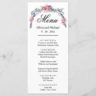 Elegant watercolor botanical pink roses lavender menu