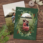 Elegant Watercolor Botanical TWO Photo Christmas  Holiday Card<br><div class="desc">This elegant holiday photo card features a beautiful oval botanical frame on a deep green background with a vertical oval photo and elegant typography. On the back there is one full-frame vertical photo. The photo on the back can be removed and/or replaced with text.</div>