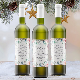 Elegant Watercolor Botanicals Merry Christmas Wine Label