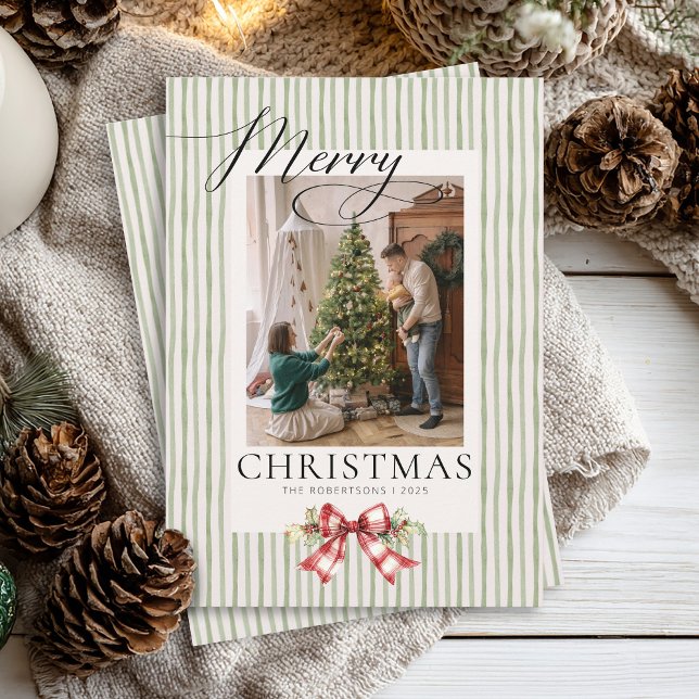Elegant Watercolor Bow Greenery Script Christmas Holiday Card (Personalized photo elegant modern minimalist simple watercolor bows Merry Christmas Holiday Cards)