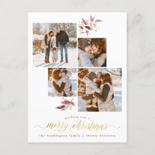 Elegant Watercolor Branches & Christmas 4 Photo Holiday Postcard
