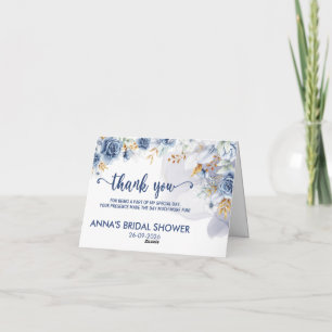 Elegant Watercolor Bridal Shower Floral Blue  Thank You Card