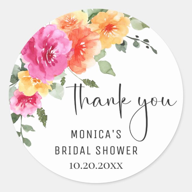 Elegant Watercolor Bright Flowers Bridal Shower Classic Round Sticker (Front)