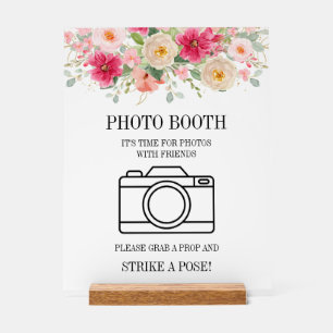Elegant Watercolor Bright Pink Floral Photo Booth  Acrylic Sign