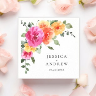 Elegant Watercolor bright Pink Flower Wedding Napkin