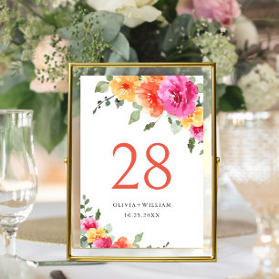 Elegant Watercolor Bright Pink Flowers Wedding Table Number
