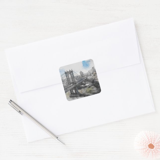 Elegant Watercolor Brooklyn Bridge NYC Square  Square Sticker (Envelope)
