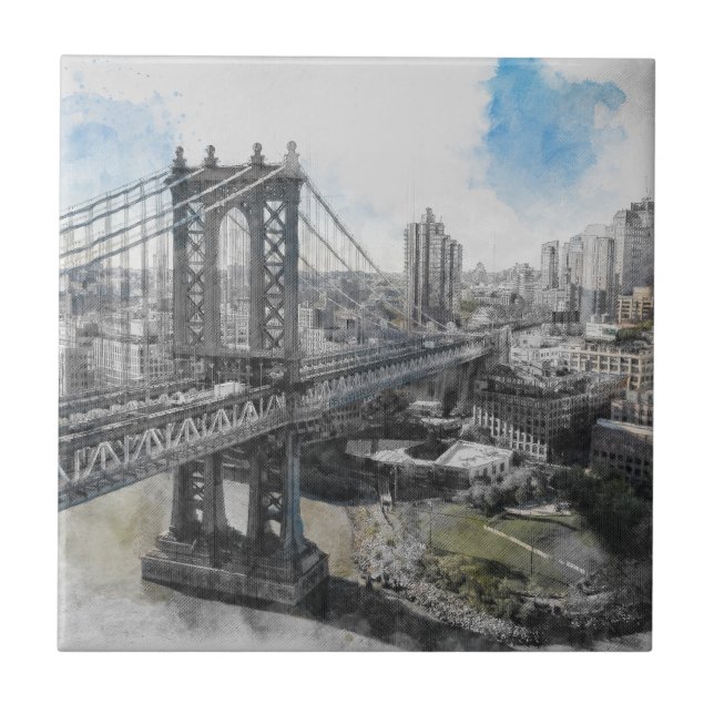 Elegant Watercolor Brooklyn Bridge NYC Tile (Front)