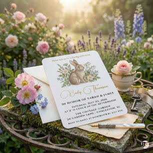 Elegant Watercolor Bunny and Wildflower Garden Bab Invitation