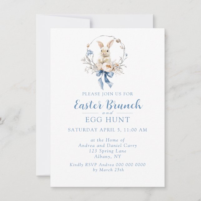Elegant Watercolor Bunny Blue Bow Easter Brunch Invitation (Front)