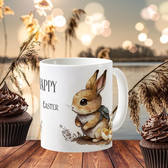 Elegant Watercolor Bunny Happy Easter Coffee Mug (Classic mug featuring a watercolor painting of an Easter bunny with baby birds)