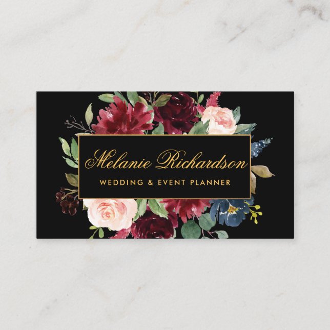 Elegant Watercolor Burgundy Black Gold Business Card (Front)
