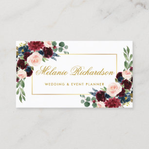 Elegant Watercolor Burgundy Blue Floral Gold Business Card