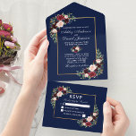 Elegant Watercolor Burgundy Blue Floral Wedding All In One Invitation<br><div class="desc">Elegant Burgundy Blue Watercolor Floral Gold Frame All In One Wedding Invitation with RSVP Card includes burgundy roses,  pink roses,  red flowers,  blue flowers and botanical greenery. Navy Blue Background.</div>