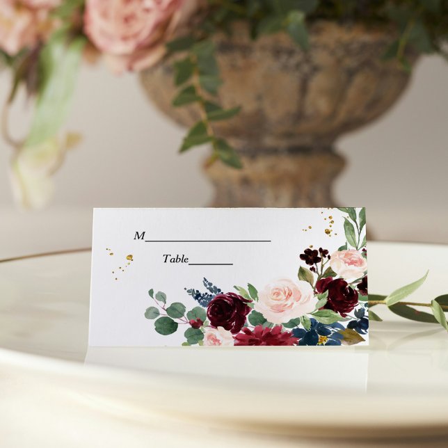 Elegant Watercolor Burgundy Blush & Gold Drops Place Card (Creator Uploaded)