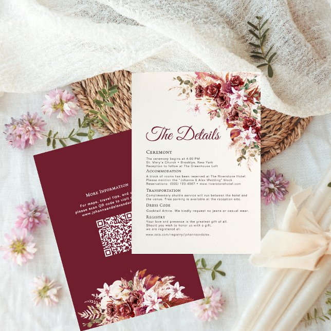 Elegant Watercolor Burgundy Blush Wedding Details  Enclosure Card (Creator Uploaded)