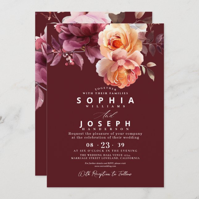 Elegant watercolor Burgundy Bouquet Floral Wedding Invitation (Front/Back)
