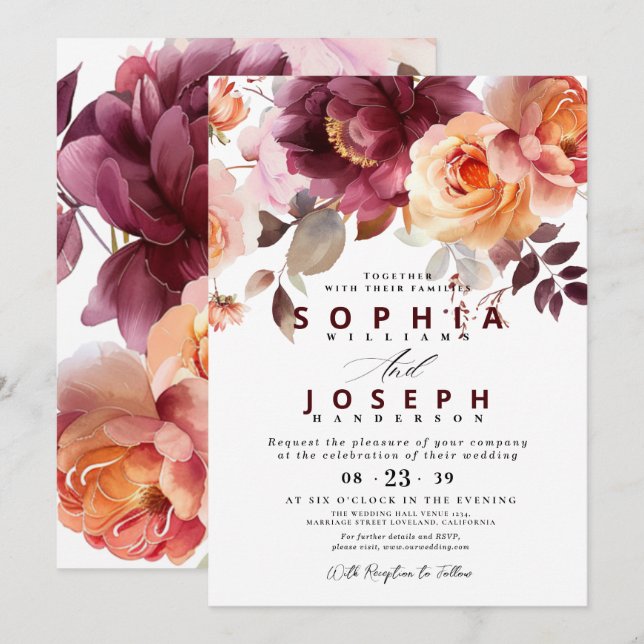 Elegant watercolor Burgundy Bouquet Floral Wedding Invitation (Front/Back)