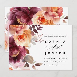 Elegant watercolor Burgundy Bouquet Floral Wedding Save The Date