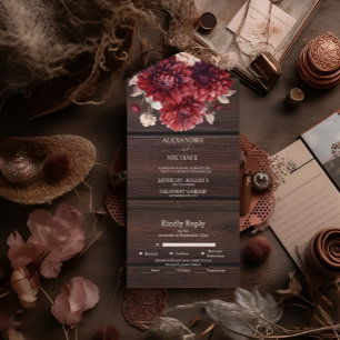 Elegant Watercolor Burgundy Dahlia Wedding All In One Invitation