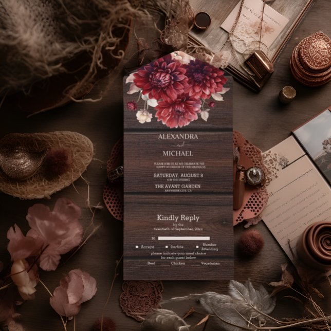 Elegant Watercolor Burgundy Dahlia Wedding All In One Invitation (Creator Uploaded)
