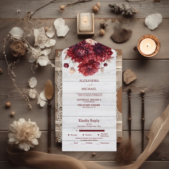 Elegant Watercolor Burgundy Dahlia Wedding All In One Invitation (Creator Uploaded)