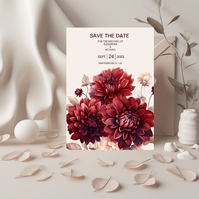 Elegant Watercolor Burgundy Dahlia Wedding Save The Date (Creator Uploaded)
