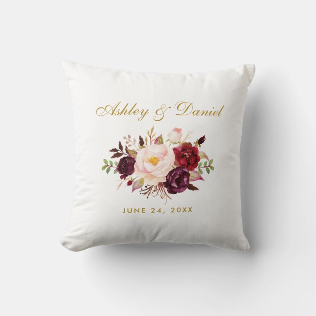 Elegant Watercolor Burgundy Floral Gold Wedding Cushion (Front)