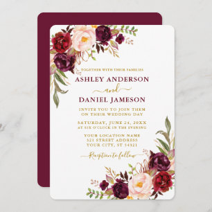 Elegant Watercolor Burgundy Floral Gold Wedding Invitation