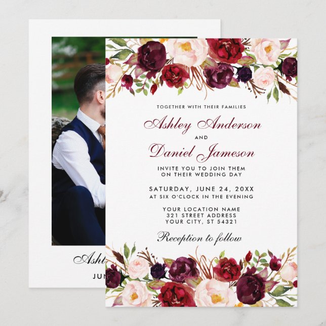Elegant Watercolor Burgundy Floral Photo Wedding Invitation (Front/Back)
