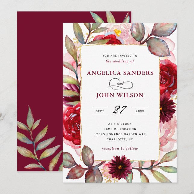 Elegant Watercolor Burgundy Floral Rustic Wedding Invitation (Front/Back)