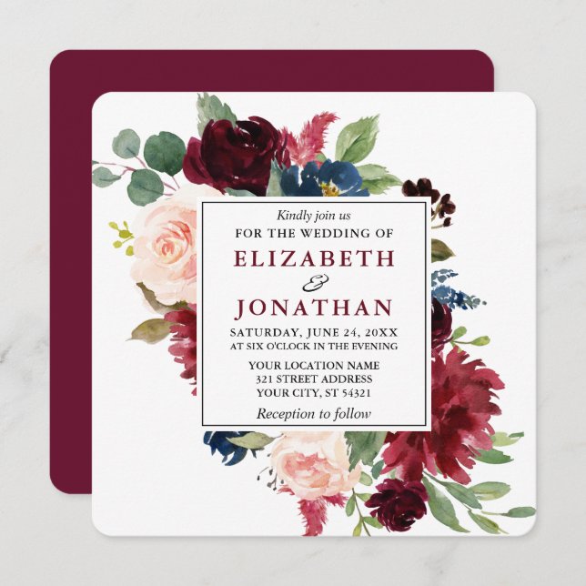 Elegant Watercolor Burgundy Floral Wedding Sq Invitation (Front/Back)