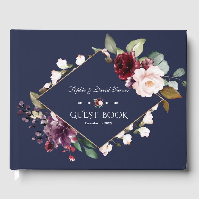 Elegant Watercolor Burgundy Flowers Navy Wedding Guest Book (Front)