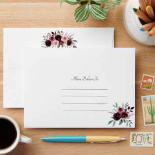 Elegant Watercolor Burgundy Flowers Wedding Envelope