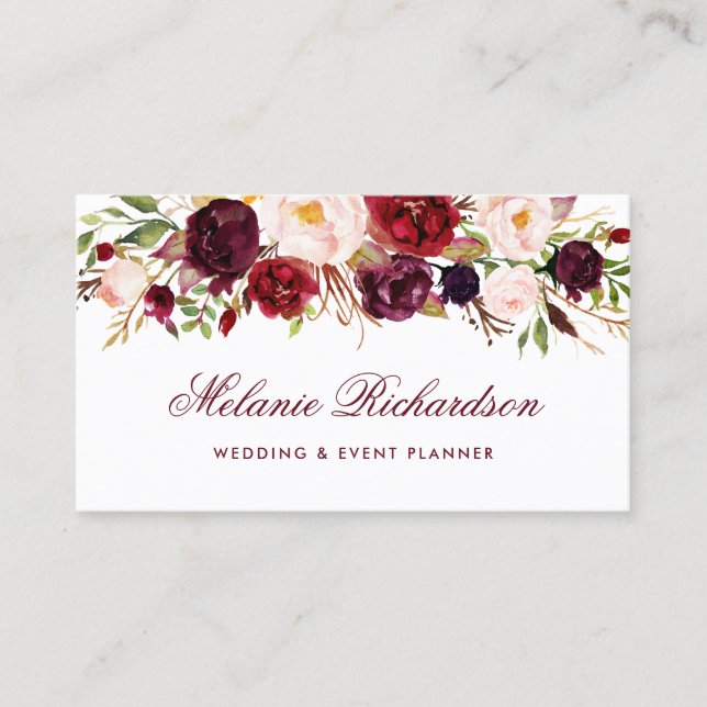Elegant Watercolor Burgundy Marsala Floral Business Card (Front)