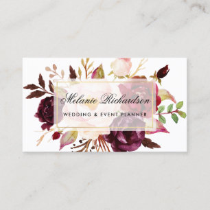Elegant Watercolor Burgundy Marsala Floral Gold Business Card