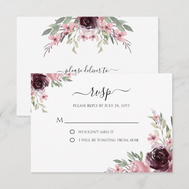 Elegant Watercolor Burgundy Mauve Greenery  RSVP Card (Front/Back)