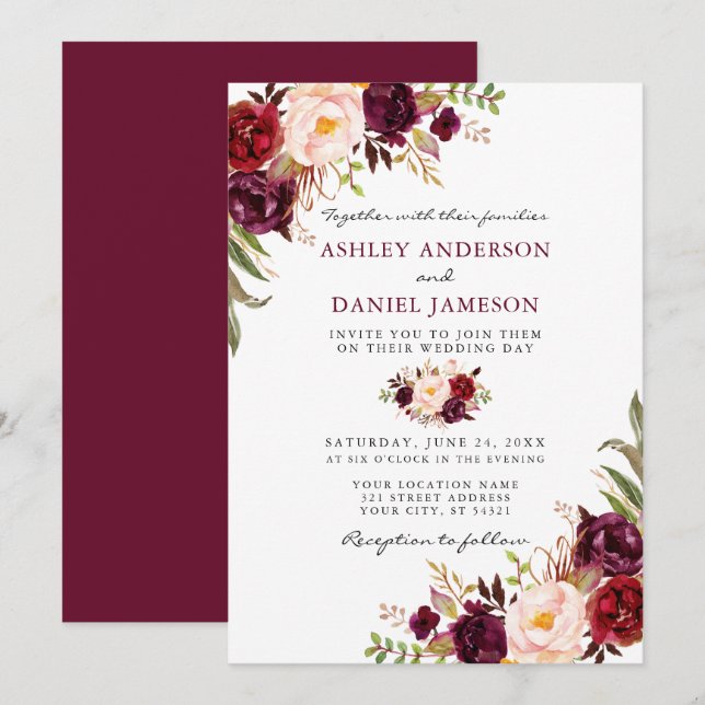 Elegant Watercolor Burgundy Pink Floral Wedding Invitation (Front/Back)