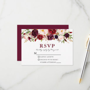 Elegant Watercolor Burgundy Pink Floral Wedding RSVP Card