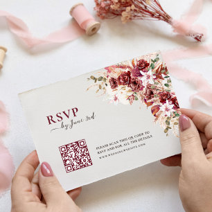Elegant Watercolor Burgundy QR Code Wedding RSVP Card