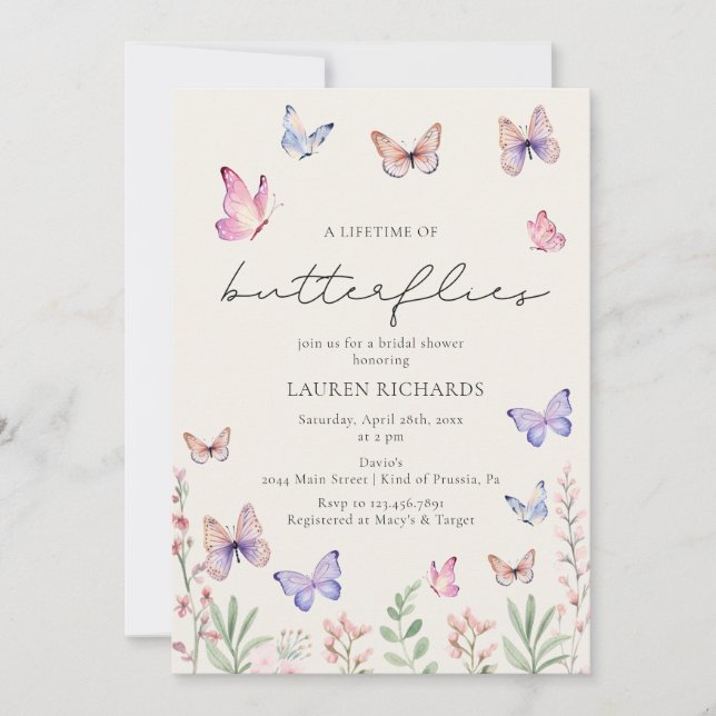 Elegant Watercolor Butterflies Bridal Shower Invitation (Front)