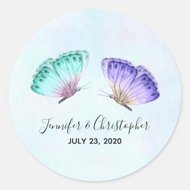 Elegant Watercolor Butterfly Duo Wedding Classic Round Sticker (Front)