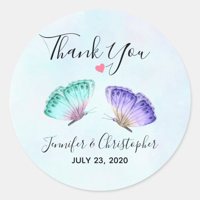 Elegant Watercolor Butterfly Duo Wedding Classic Round Sticker (Front)