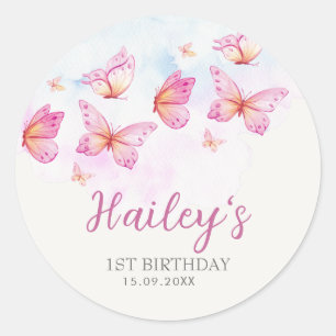 Elegant Watercolor Butterfly Girl 1st Birthday Classic Round Sticker