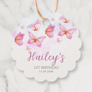 Elegant Watercolor Butterfly Girl 1st Birthday Favour Tags