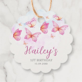 Elegant Watercolor Butterfly Girl 1st Birthday Favour Tags